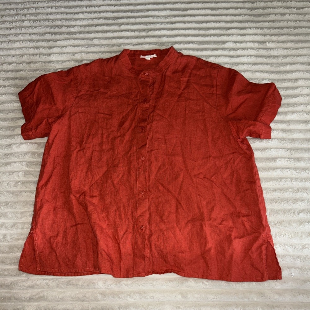 Eileen Fisher Petite PM Red Orange Organic Linen Button Down Short Sleeve Shirt
